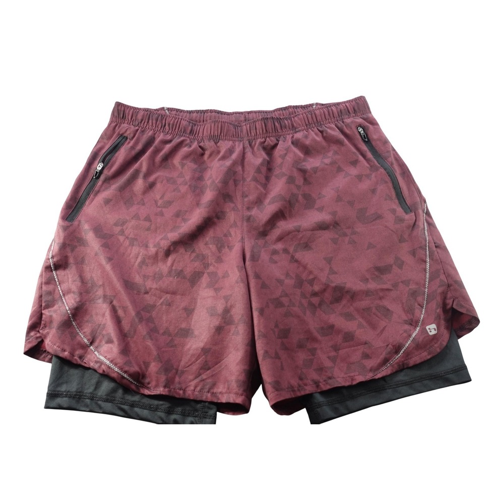 Hind Running Shorts Mens Large Red Geometric 2in1 Lined Zipper Pockets Athletic